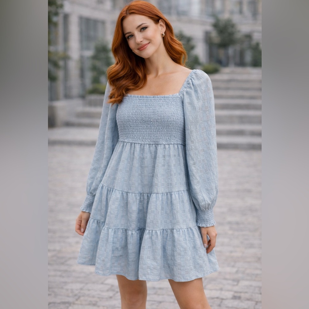 Light Blue Smocked Tiered Ruffle Midi Dress Babydoll Peasant Lined Sheer Large